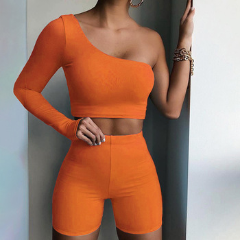 Zestaw damski: Seksowny dwuczęściowy dres z jednym ramię, uliczna moda 2020, szczupła i elastyczna spódnica w stylu ulicznym