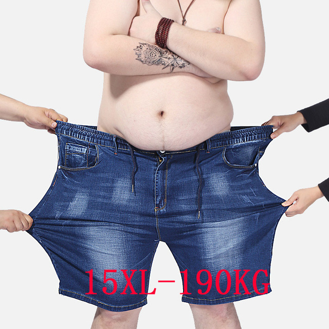 Plus size męskie spodenki jeansowe w rozmiarze 12XL-14XL, dżinsowe szorty na lato, proste, niebieskie, stretch, 54-60 - tanie ubrania i akcesoria