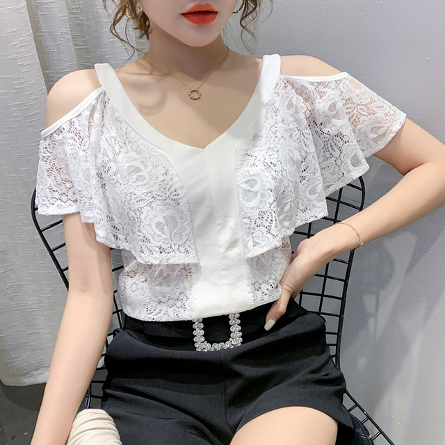 Koszulka damska z odkrytymi ramionami i marszczeniem - letnia moda koreańska - tanie ubrania i akcesoria