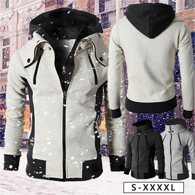 Męska kurtka zimowa – ciepła, z zamkiem, kołnierzem i kapturem, Slim Fit Hoody - tanie ubrania i akcesoria
