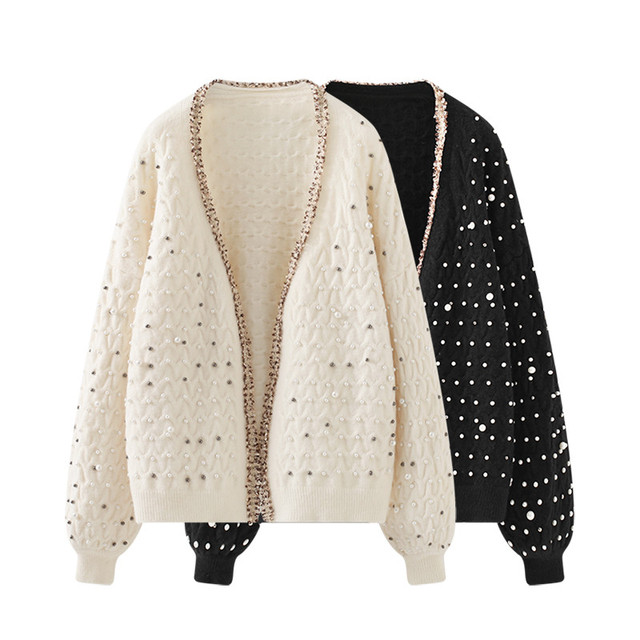 Elegancki sweter damska V-neck z perłowymi koralikami, błyszczący Lurex, gruby ścieg - koreański styl - tanie ubrania i akcesoria