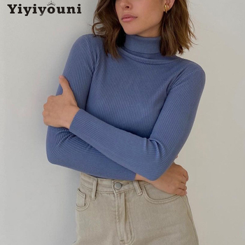 Pulower damska sweter z golfem Slim fit Yiyiyouni na co dzień, jesień-zima, prążkowany, miękka dzianina, długi rękaw