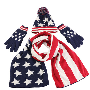 Unisex dziecięcy zestaw zimowy - kapelusz, szalik, rękawiczki - wzór flagi USA i UK, gruba wełniana podszewka, 3 sztuki