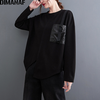 Koszulka DAMSKA DIMANAF w stylu Casual, Oversize z długim rękawem, czarna, bawełniana
