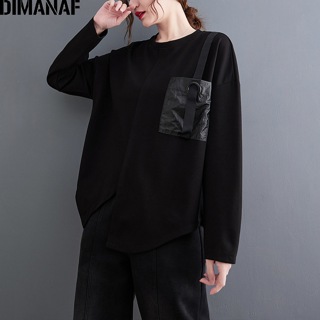Koszulka DAMSKA DIMANAF w stylu Casual, Oversize z długim rękawem, czarna, bawełniana - tanie ubrania i akcesoria