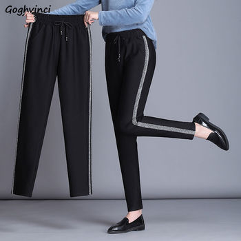 Harem spodnie damskie z sznurkiem bocznymi paskami, proste i luźne, koreański styl, czarne, rozmiar 4XL