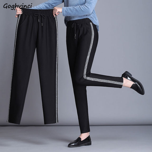 Harem spodnie damskie z sznurkiem bocznymi paskami, proste i luźne, koreański styl, czarne, rozmiar 4XL - tanie ubrania i akcesoria