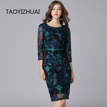 Vintage sukienka koronkowa wiosna 2019, trzy czwarte długości, kolano, plus size, wzory haftowane, TAOYIZHUAI 16133