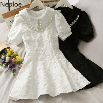 Elegancka biała sukienka z bufkami - Neploe Mini sukienka kobiety z perłami, koreański styl, lato, wysoka talia