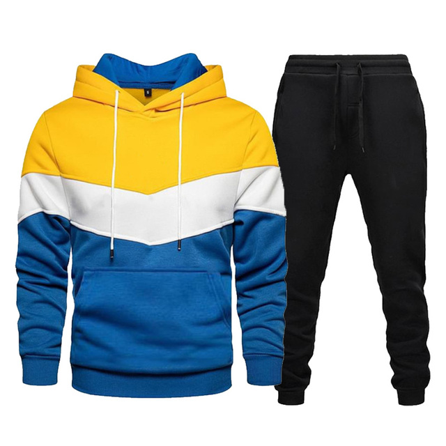 Męskie dwuczęściowe zestawy sportowe: bluza z kapturem i spodnie garnitur z kolorowymi szwami, idealne na jogging w jesieni i zimie - tanie ubrania i akcesoria
