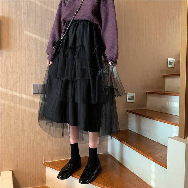 Spódnica midi z wysokim stanem, w stylu vintage, plisowana, z tiulu, koloru czarnego - tanie ubrania i akcesoria