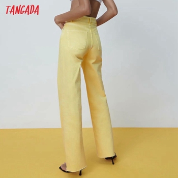 Dżinsy damskie Tangada 2021 żółte, długie spodnie z wysokim stanem i kieszeniami