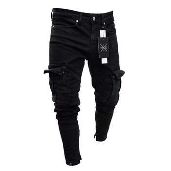 Młodzi mężczyźni - długa obcisła wyblakła czarna dżinsy w stylu motocyklowym zniszczone rozciągliwe spodnie do joggingu