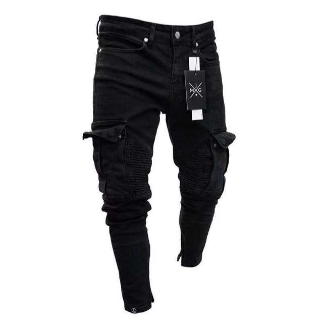 Młodzi mężczyźni - długa obcisła wyblakła czarna dżinsy w stylu motocyklowym zniszczone rozciągliwe spodnie do joggingu - tanie ubrania i akcesoria