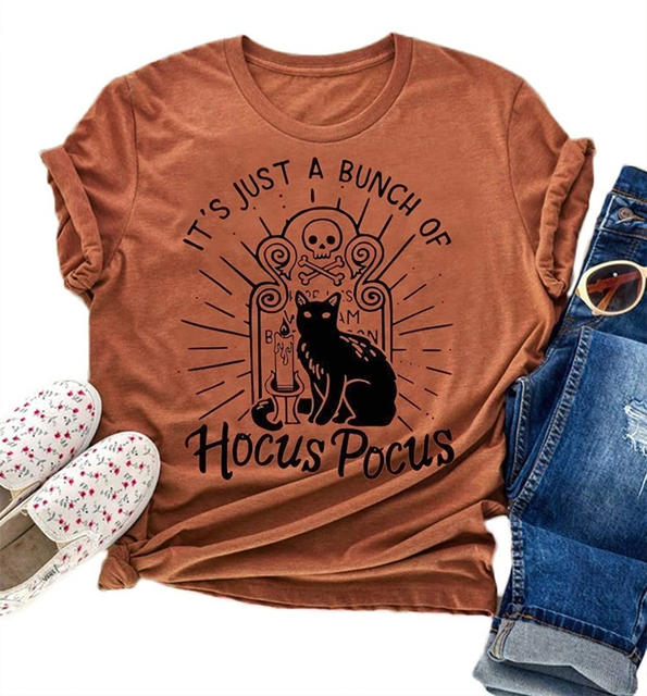 Halloweenowe koszulki Hocus Pocus dla kobiet - klasyczne, bawełniane koszulki z krótkim rękawem - tanie ubrania i akcesoria