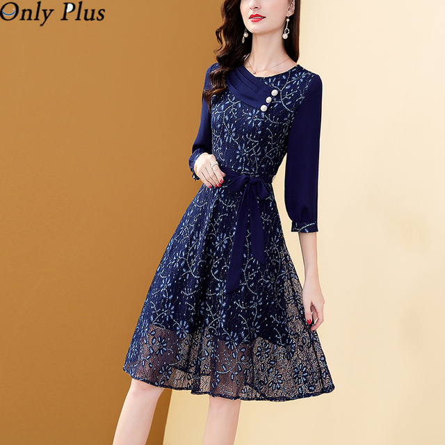 Koronkowa sukienka damska w kolorze niebieskim, szyfonowa, średniej długości, jesiennej linii, czeskiego designu - Vestidos - tanie ubrania i akcesoria