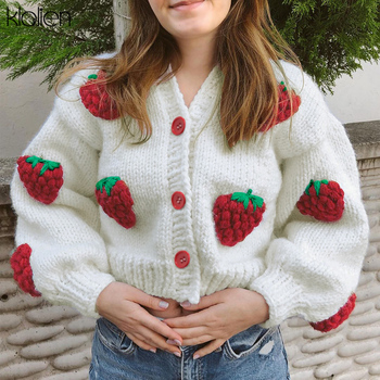 Elegancki jednorzędowy sweter z printem truskawkowym - KLALIEN Fashion