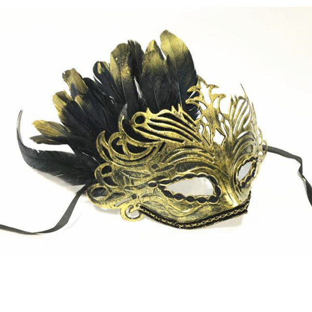 Złota czarna maska z piórami – Bar DJ, scena, piosenkarka, bal przebierańców, Halloween, Cosplay, akcesoria - tanie ubrania i akcesoria