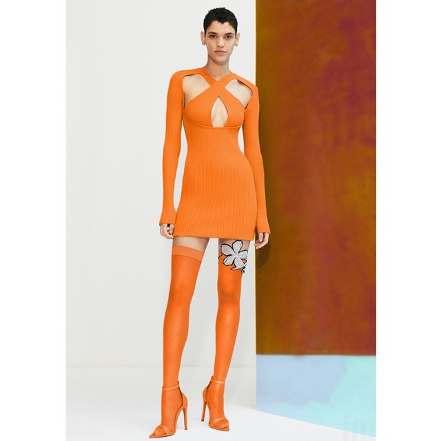 Sukienka Bodycon Pełne Rękawki- Pomarańczowo-Fioletowa z Dekoltem na Plecach - tanie ubrania i akcesoria
