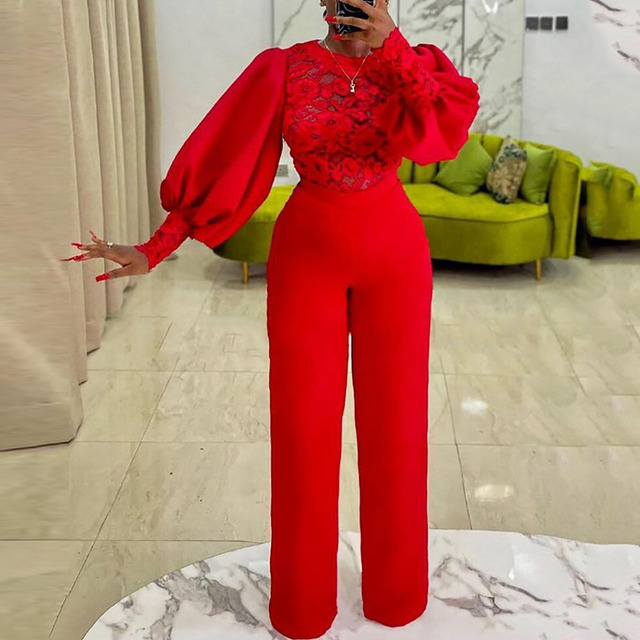 Elegancki afrykański kombinezon z długim rękawem i koronkowymi wstawkami, kolor czerwony, dla kobiet plus size - tanie ubrania i akcesoria