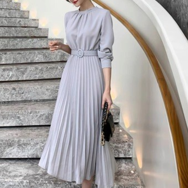 Damska plisowana sukienka maxi o stylu casual z długimi rękawami i wiązaniem - Office Lady Vintage Vestido Fashion - tanie ubrania i akcesoria
