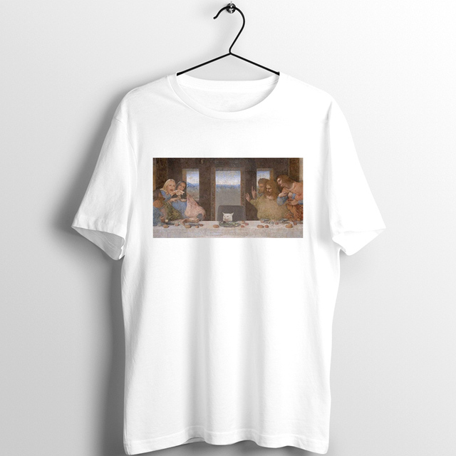 Koszulka męska z nadrukiem Meme Unix T-Shirt przedstawiająca kobietę krzyczącą na kota podczas Ostatniej Wieczerzy Leonarda da Vinci - tanie ubrania i akcesoria