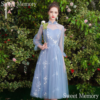 Niebieska suknia balowa z koronkowym tyłem - 8 stylów, długość do herbaty