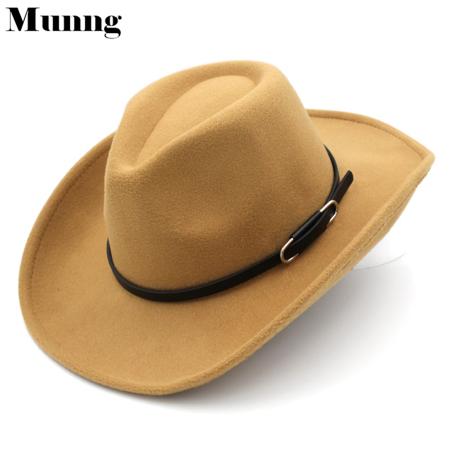 Kowbojski kapelusz Munng Unisex - wełniany, szeroki, podkręcany, z rondem skórzanym paskiem - tanie ubrania i akcesoria