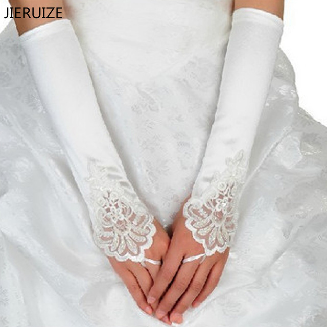 Nowe koronkowe satynowe rękawiczki ślubne z długościami do łokcia - tanie ubrania i akcesoria