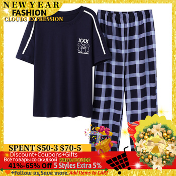 Krótka piżama z letniej bawełnianej dzianiny w kratę dla mężczyzn - zestaw topu i długich spodni z motywem kreskówki - moda męska - rozmiar 3XL