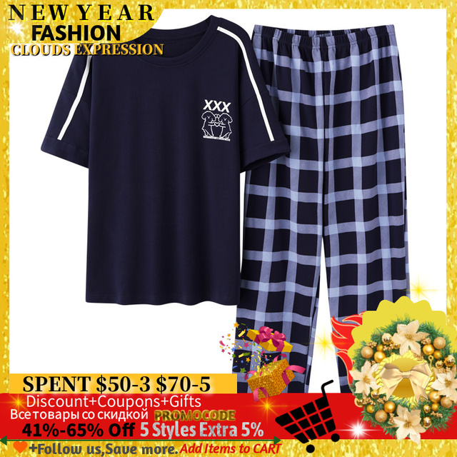 Krótka piżama z letniej bawełnianej dzianiny w kratę dla mężczyzn - zestaw topu i długich spodni z motywem kreskówki - moda męska - rozmiar 3XL - tanie ubrania i akcesoria