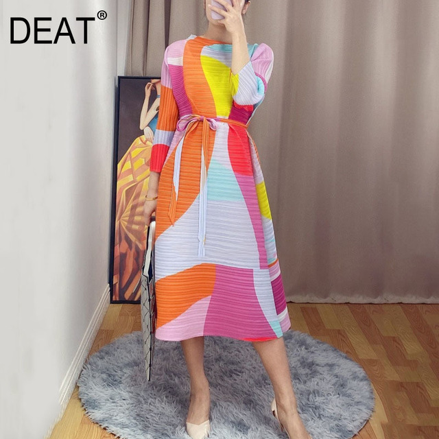 DEAT Sukienka plisowana damska z kolorowym Printem, długim rękawem i elastycznym bandażem - Summer Fashion 2021 - tanie ubrania i akcesoria