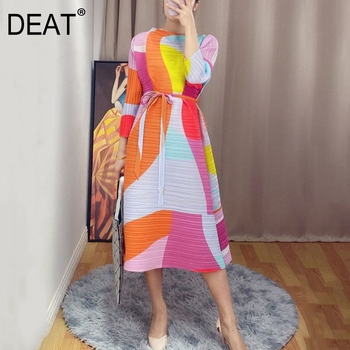 DEAT Sukienka plisowana damska z kolorowym Printem, długim rękawem i elastycznym bandażem - Summer Fashion 2021