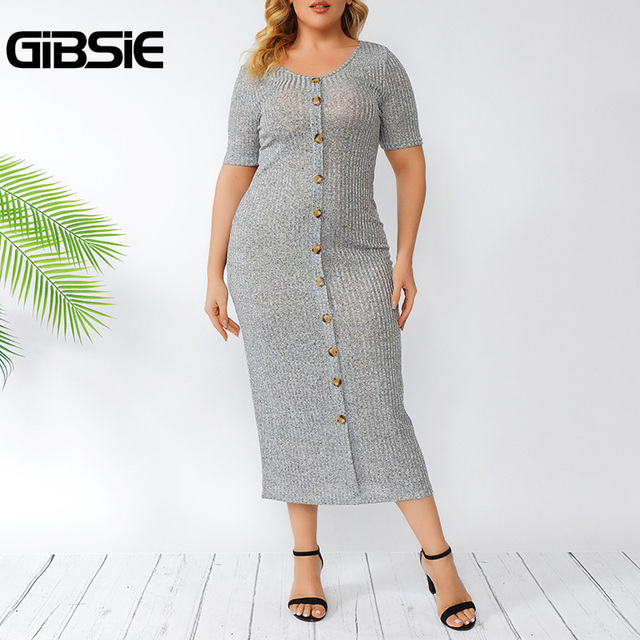 Rozmiar plus-kobiety: Długa sukienka GIBSIE Plus z przodem na guziki, krótkimi rękawami, solidna dzianina, biurowy casual, slim fit, ołówkowa sukienka na lato - tanie ubrania i akcesoria