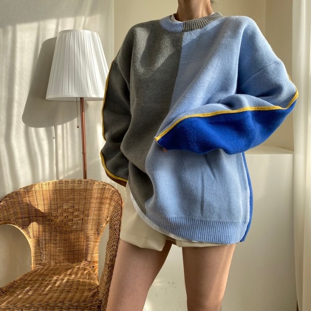 Luźny 2021 sweter damski z rękawem w czterech kolorach i szwach, odmładzający, z okrągłym dekoltem - tanie ubrania i akcesoria