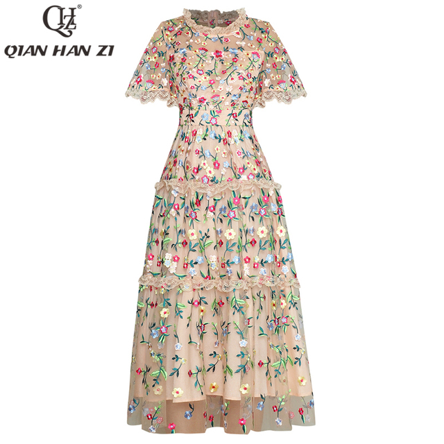 Projektant mody – letnia sukienka vintage w stylu siateczki z haftem w kwiaty – średniej długości sukienka - tanie ubrania i akcesoria