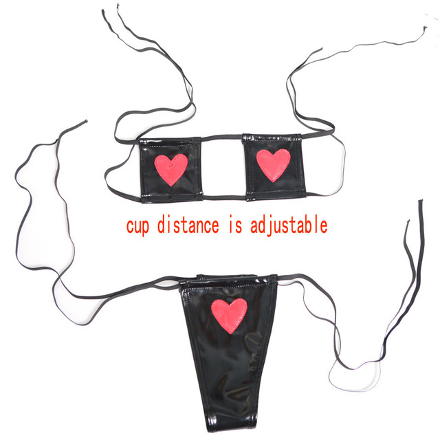Zestaw dwóch bikini dla kobiet - regulowany biustonosz typu podziału i strój kąpielowy ze stringami wąskimi krocza sznurowanymi, wykonane z PU skóry - tanie ubrania i akcesoria