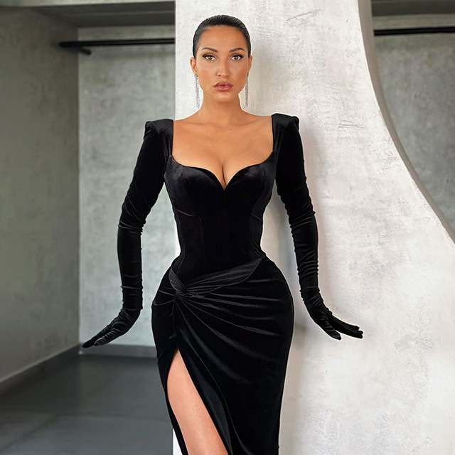 Elegancka czarna sukienka typu wrap z długim rękawem, dekoldem V i rozcięciem – Moda jesień 2021 - tanie ubrania i akcesoria