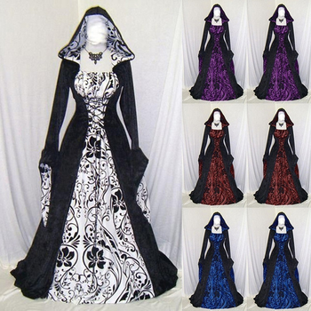 Długa sukienka vintage dla kobiet w stylu gotyckim i średniowiecznym z kapturem