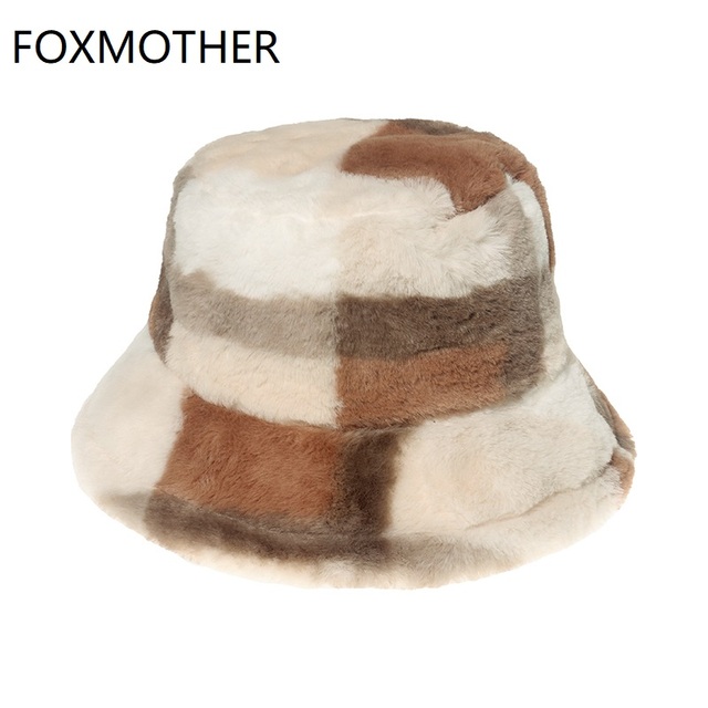 Gorący femme Panama miękkiej, ciepłej 2021 czapki typu Bucket dla kobiet FOXMOTHER z futerkiem w kratkę - tanie ubrania i akcesoria
