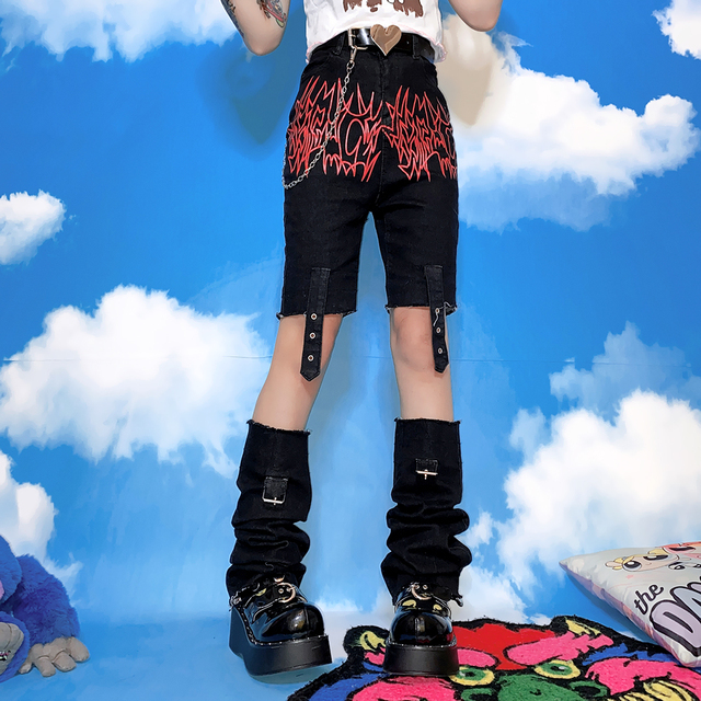 Spodnie Capri Ruibbit Rock Punk Patchwork z metalowym zamkiem błyskawicznym, czarnego koloru, inspirowane stylem koreańskim Harajuku, z wyraźnym wpływem hip-hopu i haremowych krojów, wykonane z jeansu z bawełnianym podszyciem - tanie ubrania i akcesoria