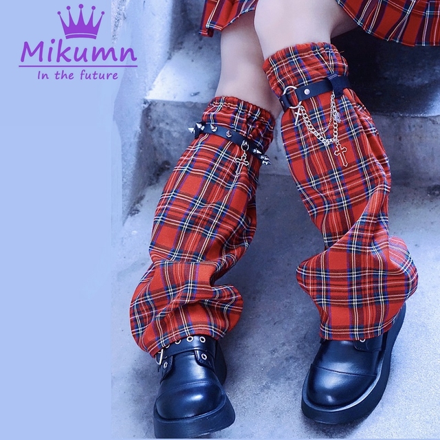 Damskie ocieplacze nóg w stylu Harajuku - nity metalowe, krzyż, łańcuch vintage, czerwona kratka, moda uliczna, punk - tanie ubrania i akcesoria