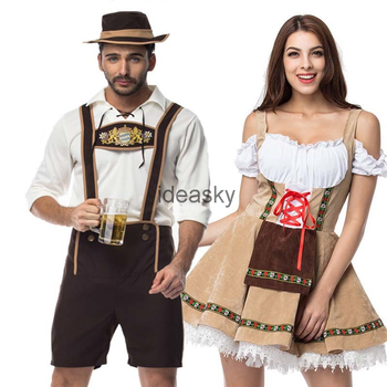 Kostium pary Oktoberfest: tradycyjny strój pana baru i kelnerki dirndl w stylu taverny, idealny na imprezę halloweenową i karnawał