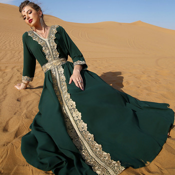 Muzułmańska suknia wieczorowa z haftowaną koronką na Ramadan Eid, Afrykańska odzież islamska dla kobiet - Abaya Dubaj Kaftan Vestidos Robe