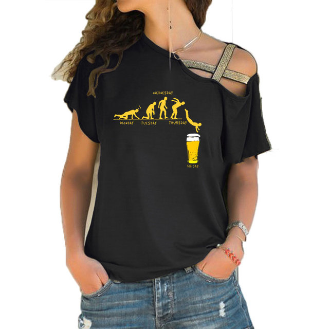 Koszulka damska krótki rękaw z motywem piwa i zabawnym nadrukiem - lato, luźny krój, wiązane na przekos, nieregularne - tanie ubrania i akcesoria