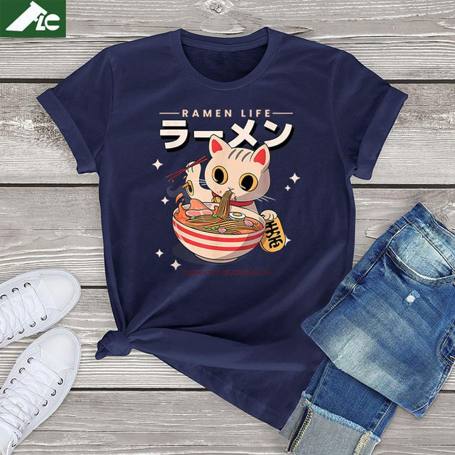 Oversize T-shirt z kawaii kotem, grafiką makaronu i krótkim rękawem - damski i męski, unisex - tanie ubrania i akcesoria