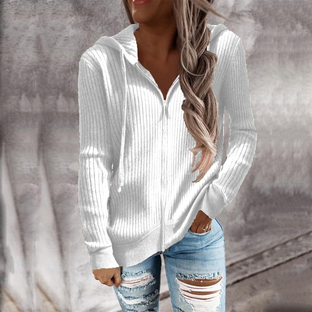 Bluza długorękawowa z kapturem Casual Knit Zip Up - dla kobiet - tanie ubrania i akcesoria