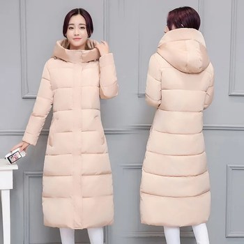 Kurtka zimowa dla kobiet z bawełny, ocieplana, średniej długości nad kolana z kapturem - koreański styl, luźne płaszcze