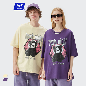 Koszula męska INFLATION Harajuku z niedźwiedziem, fioletowa, drukowana, casualowa, 100% bawełna