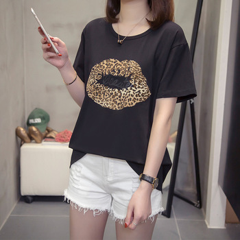 Czarna koszulka damskiego t-shirty ze zwierzęcym wzorem leoparda i ustami, modna, luźna i krótki rękaw - lato 2021
